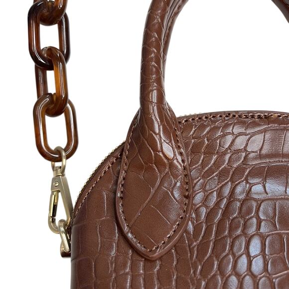 Studio 33 Cognac Brown Leather Crocodile Skin Mini Dome Bag w/ Link Strap, NWT - Picture 4 of 7